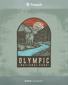 an elephant standing in front of a river and trees with the words olympic national park on it