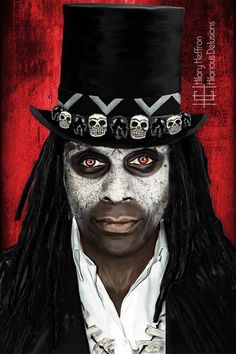 a man with black hair wearing a top hat and skull makeup on his face, in front of a red background