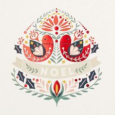 two red birds sitting on top of each other with ribbon around their necks and the words noel above them