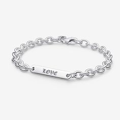 Personalize your wrist with the Engravable Bar Link Bracelet. Hand-finished in sterling silver, this bracelet features a simple polished silver bar on a chain bracelet. Both sides of the silver bar are engravable. Each bracelet can be adjusted up or down one size. Whether you engrave your initials, an important date or another message that has special meaning to you, this bracelet is the epitome of modern, chunky, customized style. - Pandora Engravable Bar Link Bracelet - Sterling silver - Sz. 7 Sterling Silver Chain Bracelet Engraved, Personalized Sterling Silver Jubilee Bracelet, Silver Chain Bracelet With Engraved Rectangular Links, Engraved Sterling Silver Chain Link Bracelet, Personalized Nickel-free Sterling Silver Bracelet, Silver Theme, Bracelet Pandora, Silver Bar, Jewellery Uk