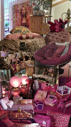 a collage of different items including pillows, bedding and other things in a room