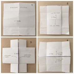 instructions to make a paper bag with scissors and tape on the side, cut into four sections