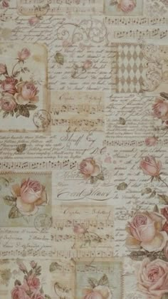 an old fashioned wallpaper with roses and letters on the back ground, as well as some type of writing