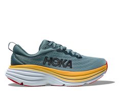 One of the hardest working shoes in the HOKA lineup, the Bondi takes a bold step forward this season reworked with softer, lighter foams and a brand-new extended heel geometry. Taking on a billowed effect, the rear crash pad affords an incredibly soft and balanced ride from heel strike to forefoot transaction. | Features. Engineered mesh construction. Recycled content lining mesh. Ortholite hybrid sockliner. Lightweight, resilient foam. Zonal rubber placement for weight savings. Vegan. Partially Hoka Bondi 8, Lacrosse Cleats, Mountain Spring, Working Shoes, Running Spikes, Hockey Clothes, Hoka Shoes, Running Sandals, Crash Pad