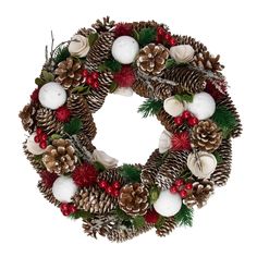 a christmas wreath with pine cones and ornaments