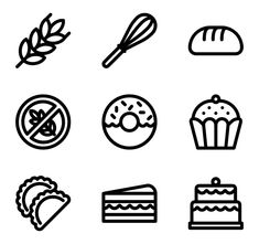 black and white food icons on a white background, such as cake, donut, pie, bread