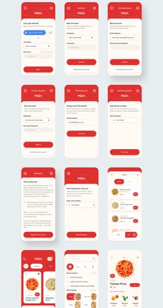 a bunch of red and white webpages with different types of food on them