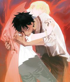 an anime scene with two people hugging each other