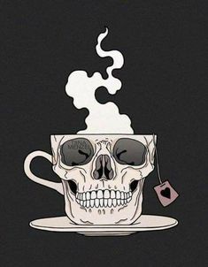 a skull sitting on top of a coffee cup filled with steam rising out of it