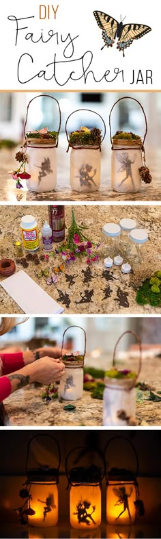 some jars filled with plants and flowers on top of a wooden table in front of the words, diy fairy catcher jar