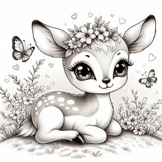 a deer with flowers in her hair sitting on the ground and butterflies flying around it