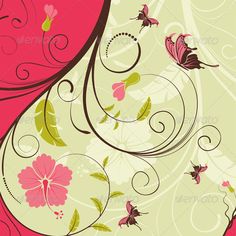 an abstract floral background with butterflies and swirls