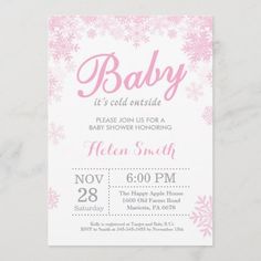 a pink snowflake baby shower party card