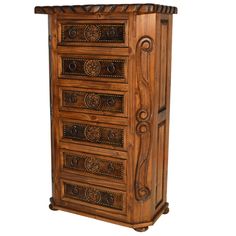 an ornate wooden cabinet with drawers and carvings