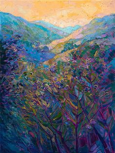 an abstract painting of mountains and trees in blue, green, yellow and purple colors