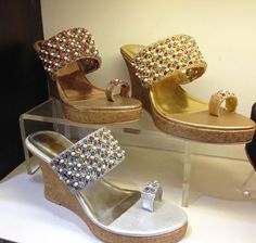 Reminiscent of Rene Caovilla jeweled sandals, these beaded toe ring wedges are at Gossip Shoes in the Palladium Mall, Mumbai. Types Of Sandals, Toe Ring Sandals, Jeweled Sandals, Designer Saree Blouse Patterns, Types Of Women, Girly Shoes, Rene Caovilla