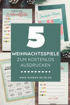 christmas cards with the text 5 weihnachtspiele zum kostenlos aus