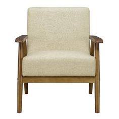 a beige chair with wooden arms and legs