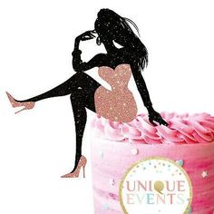 a cake with a silhouette of a woman sitting on top of it and the words unique events written in pink frosting