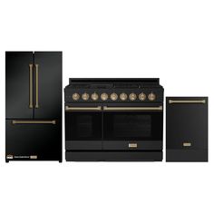 an oven, refrigerator and dishwasher in black with gold accents on the doors