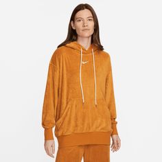 NIKE Women Oversize Terry Pullover Hoodie Desert Ochre DV7824 754 - Large New Condition - New Authenticity All Nike items are 100% authentic purchased from authorized retailers,  Nike Factory, or Nike Clearance stores. Condition All noticeable flaws or defects are mentioned in condition notes, however there may be unnoticed flaws or defects that were missed during the listing process, please contact me if this is the case. All shoes without complete boxes(no box lid) are listed as "New: Other". Yellow Hoodie, Nike Sportswear, Pullover Hoodie, Nike Women, Nike, Yellow