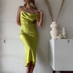 Satin Lime Green, Never Worn Midi Dress Green Satin Slip Dress For Brunch, Green Sleeveless Midi Dress For Dinner, Lime Green Slip Dress Outfit, Spring Green Midi Dress For Dinner, Green Sheath Midi Dress For Brunch, Lime Satin Dress, Fitted Sleeveless Lime Green Dress, Lime Green Midi Dress, Lime Green Mini Dress