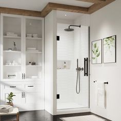 a bathroom with white walls and flooring, including a walk - in shower next to a toilet