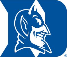 the duke logo is shown on a blue and white background with an image of a man's head