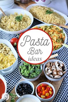 pasta bar ideas with different types of food in bowls on a checkered tablecloth