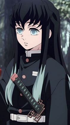 an anime character with long black hair and blue eyes, holding a knife in her hand