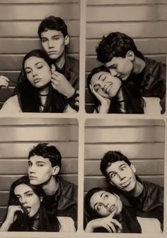 black and white photo of man kissing woman's face with four different pictures behind him