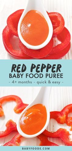 red pepper baby food puree in a spoon