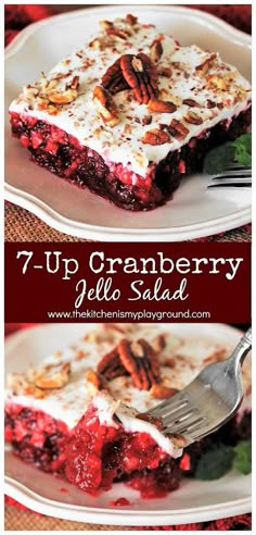 a slice of cranberry jello salad on a white plate with a fork