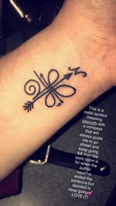 a small tattoo on the wrist with an arrow