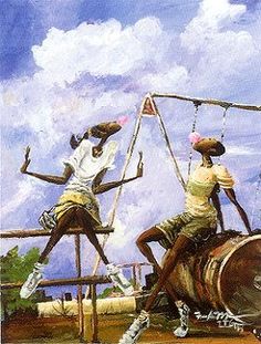 three african men sitting on top of wooden barrels in front of a cloudy blue sky