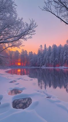 the sun is setting over a snowy lake with trees in the foreground and snow on the ground