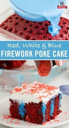 red, white and blue firework poke cake with frosting being drizzled on top