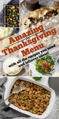 the cover of an amazing thanksgiving menu with pictures of different dishes and desserts on it