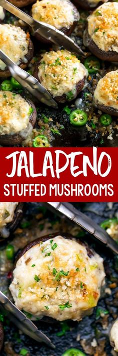 jalapeno cream cheese stuffed mushrooms in a skillet