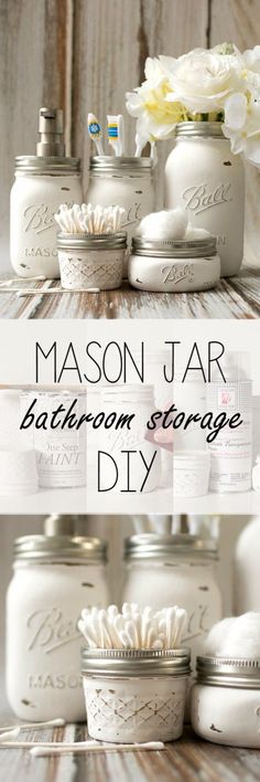 mason jar bathroom storage diy with white flowers in the background and text overlay that says mason jar bathroom storage diy