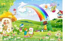 an image of children painting in the park with rainbows and flowers around them on a sunny day