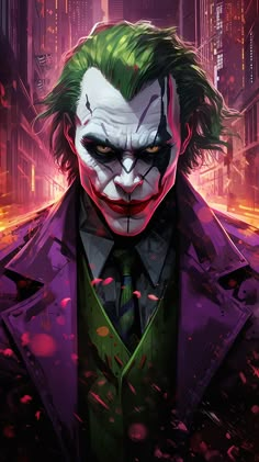 the joker in batman ark, with his green hair and red eyes is looking into the distance