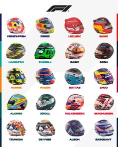 a poster with many different types of racing helmets on it's sides and the names of each helmet