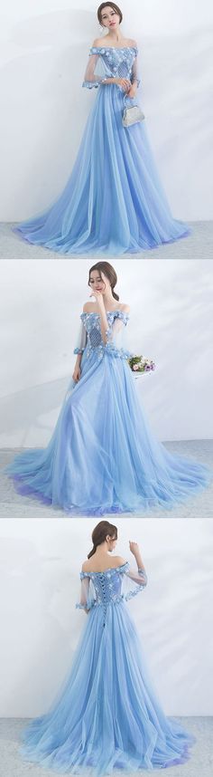 Blue Organza Prom Dress, Blue Organza Dress For Prom Season, Blue Organza Evening Dress For Prom Season, Light Blue Organza Dress For Formal Occasions, Blue Organza Dress For Banquet, Light Blue Tulle Evening Dress, Light Blue Tulle Evening Dress For Wedding, Blue Tulle Ball Gown For Evening, Light Blue Banquet Dress With Sweep Train