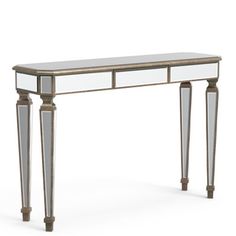 an antique console table with mirrored top and metal legs, made in the style of art deco