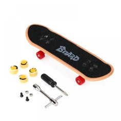 a skateboard with screws, nuts and other tools on it's side