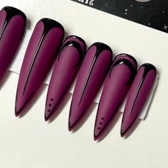 READY TO SHIP - XXL STILETTO - CUSTOM SIZE 16/12/13/12/9 INCLUDES A BUILDER GEL UPGRADE AT NO CHARGE. Wicked 2.0: (revamp of my original “wicked” set) velvet matte maroon base with glossy black moons and detailing. Purchase includes an application kit, consisting of detailed instructions, a sealed and sanitary mani kit (100/180 file, buffer block, cuticle pusher), 2 alcohol pads and nail tabs or glue. Only one kit is sent per order. Extra kits and kit contents can be picked up in the “kits & upgrades” section. Made with premium top quality press on blanks, a base coat, 3 color coats + design and 2 topcoats. These sets are as strong, sturdy, and durable as any salon set of nails. High quality products produce high quality nails! Luna Dark produces all nail sets with only salon quality, vega Witchy Nails, Gothic Nails, Builder Gel, Dark Nails, Cuticle Pusher, Velvet Matte, Matte Nails, Stiletto Nails