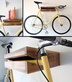 three pictures of a bike with books on the back and shelves above it that are attached to the wall