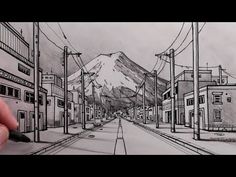 a drawing of a city street with mountains in the background