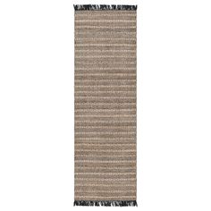 a long rug with fringes on the bottom and sides, in grey tones against a white background